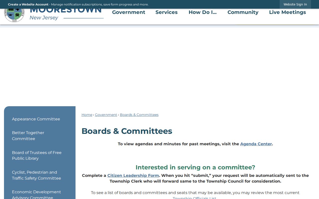 Moorestown neighbors Boards and Committees civic directory page