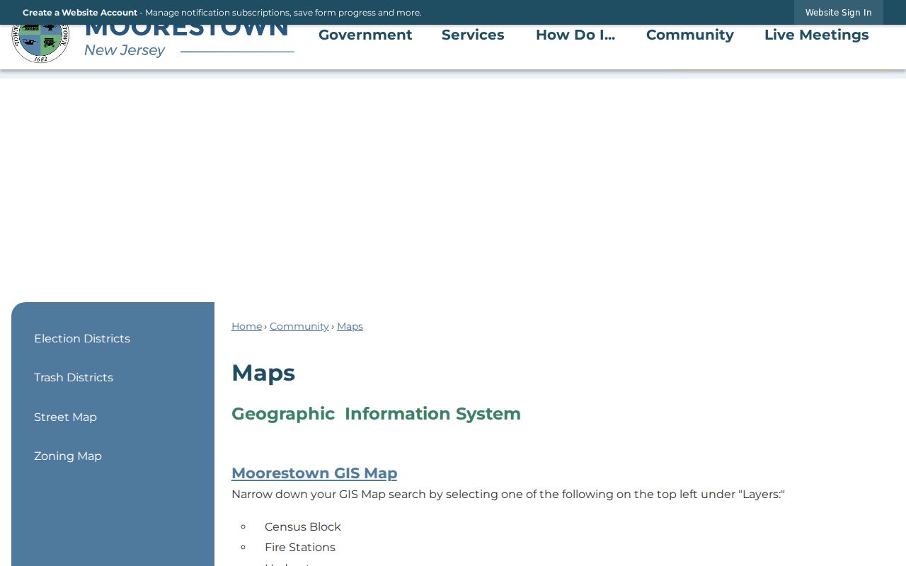 Moorestown street directory municipal GIS maps page